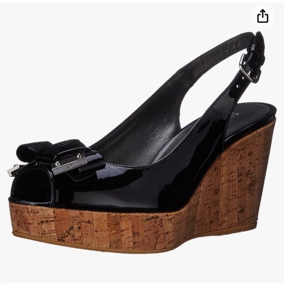 Stuart Weitzman Shoes - STUART WEITZMAN Black Bodajean Bow Patent Leather Wedge Sandals